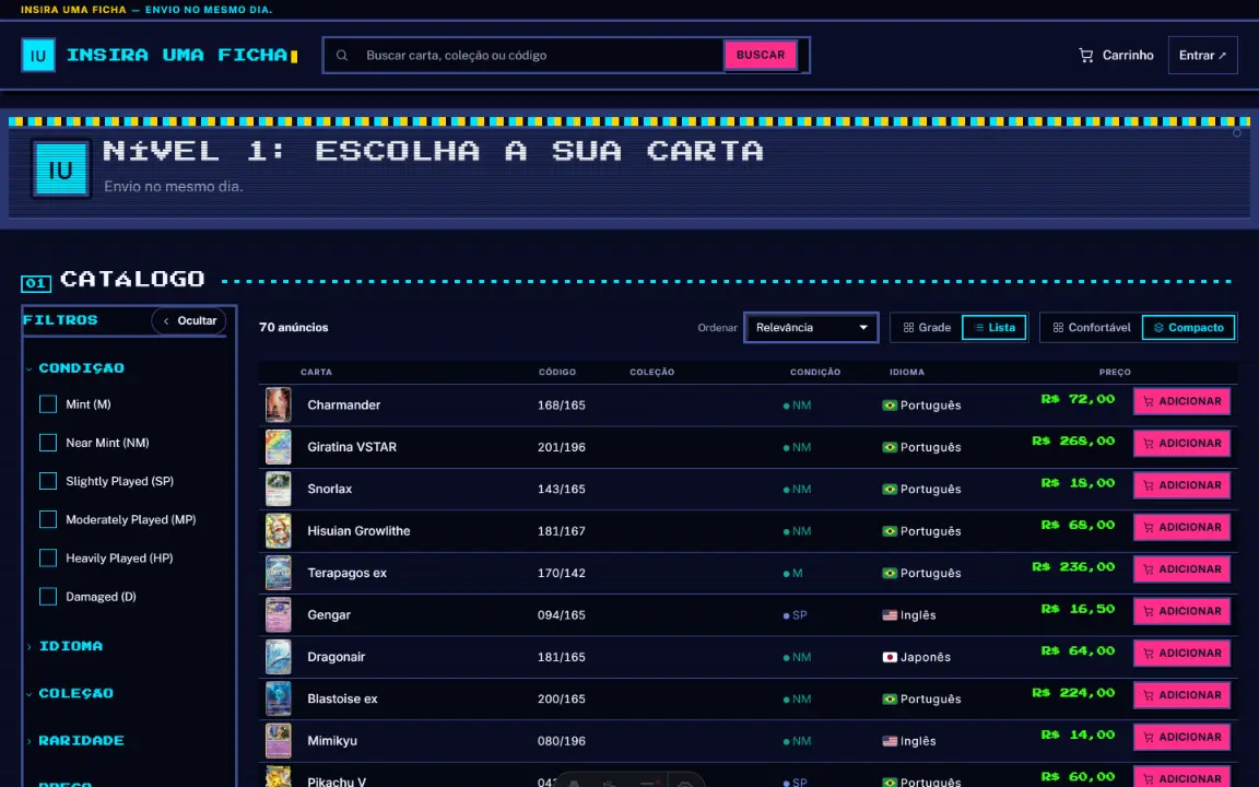 Arcade: cabeçalho pixelado, catálogo em tabela de placar com preços em verde e botões rosa