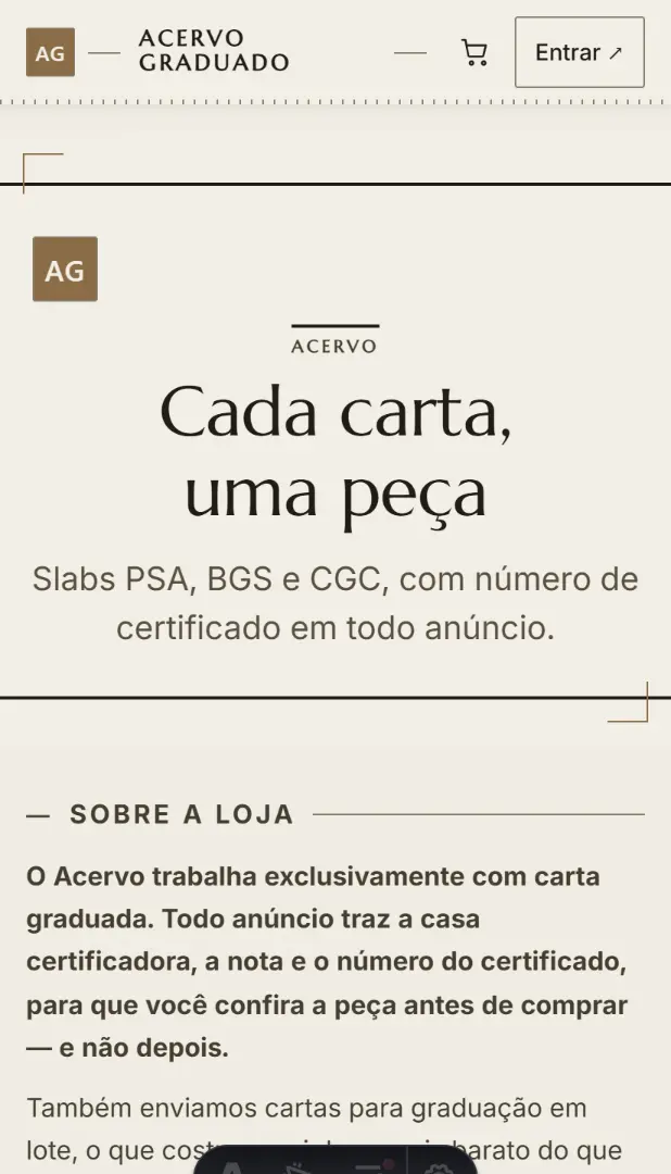 Museu: título em serifa sobre galeria branca, texto Sobre a loja e trilho As mais valiosas